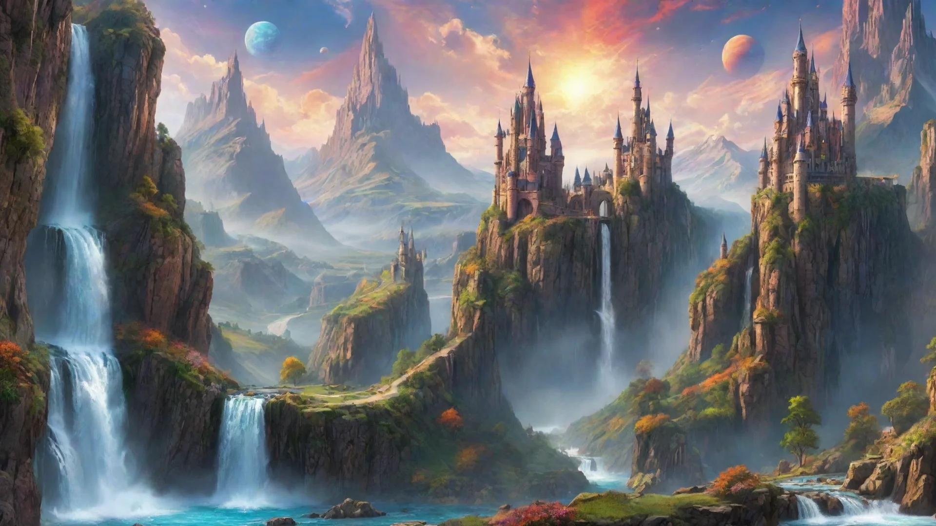 artstation art amazing scenery hd detailed colorful planets in sky realistic castles spiral towers high cliffs waterfalls beautiful wonderful aesthetic confident engaging wow 3 wide
