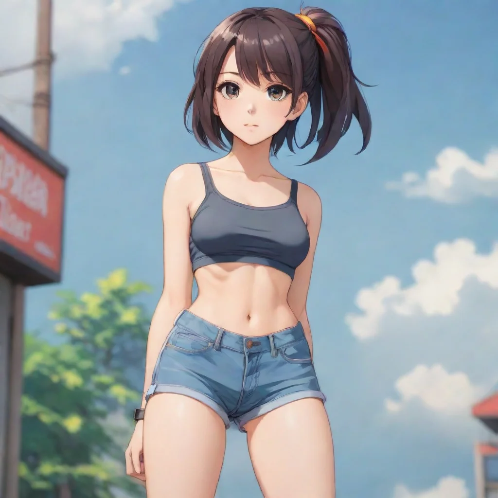 aiartstation art an anime girl in a crop top and booty shorts confident engaging wow 3