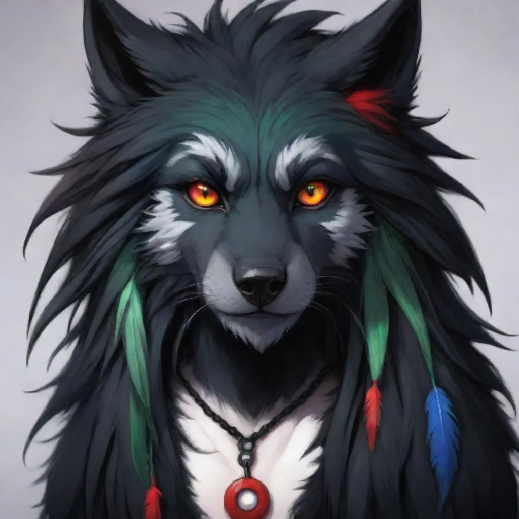 artstation art an anthropomorphic emo style wolf with black fur with red eyes with white iris and black pupils and white pupils and long black hair with red strands that covers his eye combined with