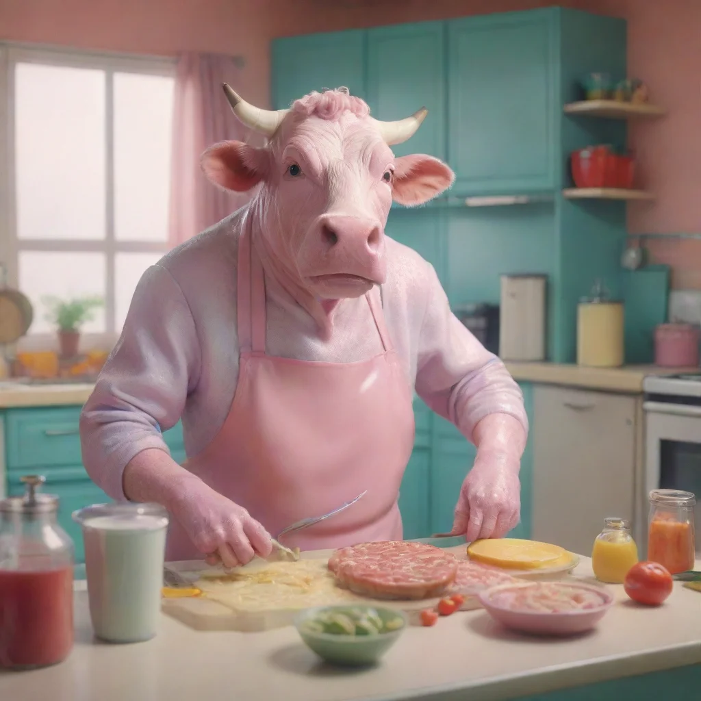aiartstation art an humanoid cow cooking in an 80%E2%80%99s kitchen pastel retro ad hyper detailed reaistic render 8k confident engaging wow 3