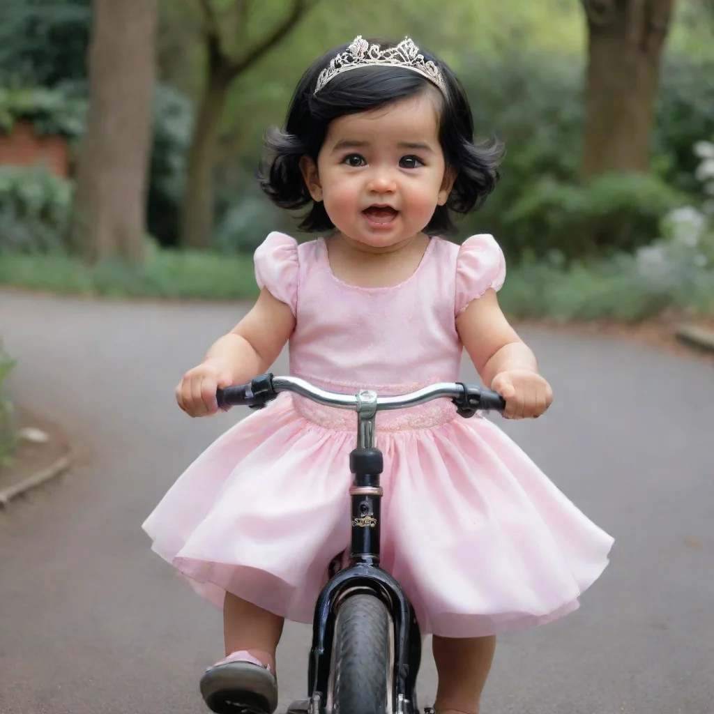 aiartstation art an ultra realsitic baby girl who is riding a cycle who has black hair and wearing dress like princess. she is as gorgous as princess diana confident engaging wow 3