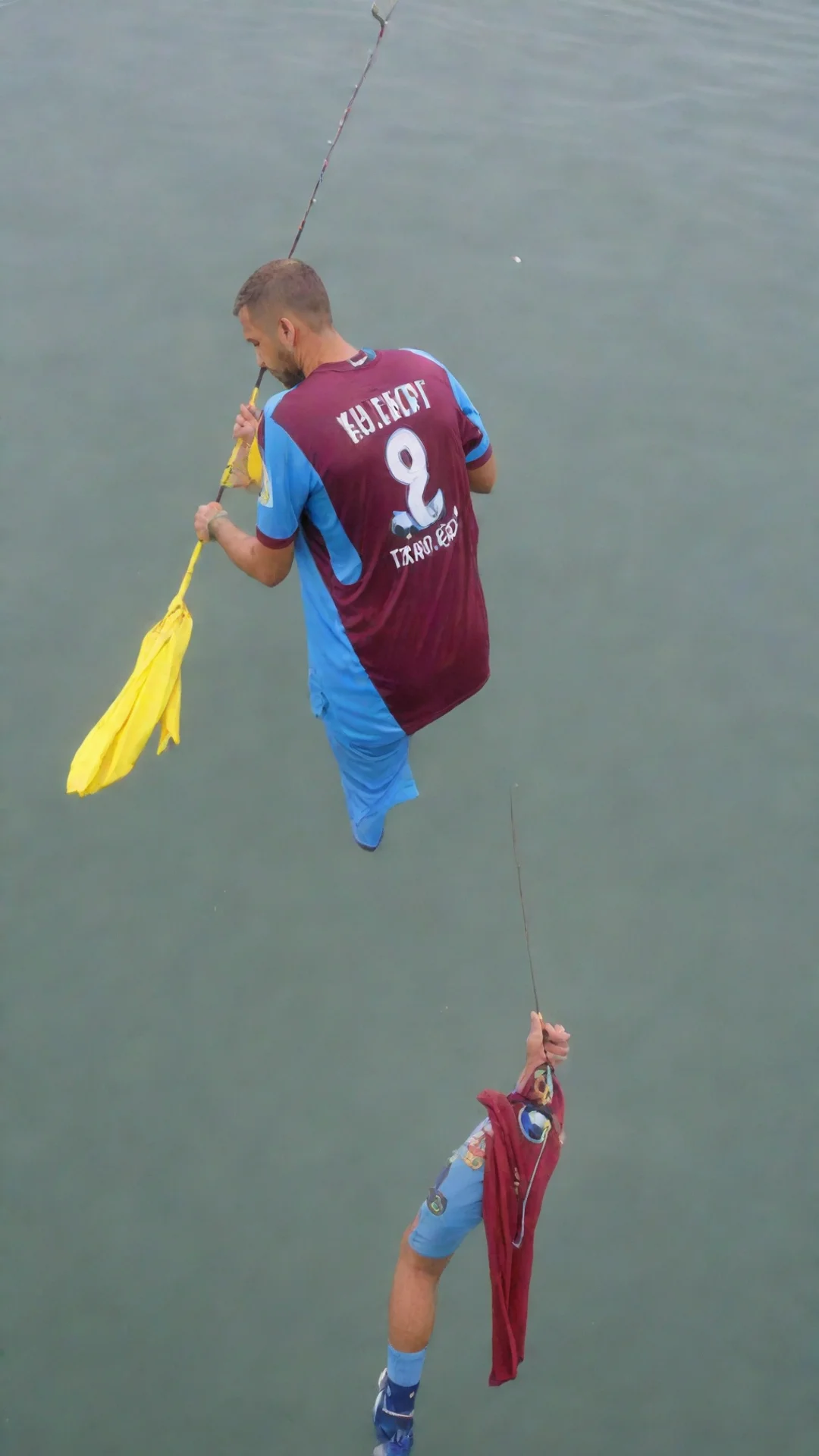 aiartstation art anchovy in a maroon and blue trabzonspor jersey dangling from a fishing rod in the hands of a player in a yellow and blue fenerbah%C3%A7e jersey confident engaging wow 3 tall