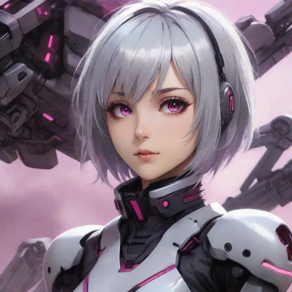 artstation art android anime girl short silver hair dark magenta eyes sci fi background mecha pilot confident engaging wow 3