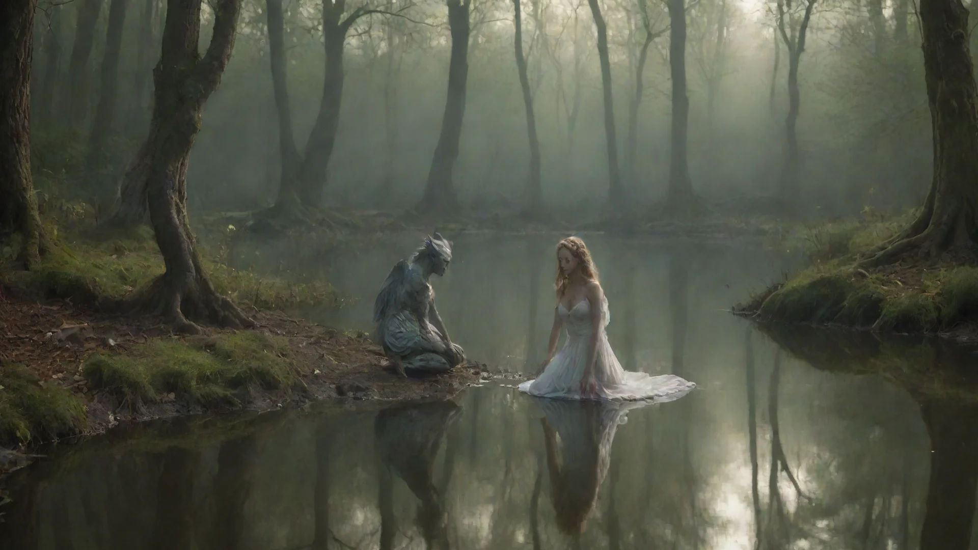 aiartstation art angel kneeling by pond looking at reflection with a demon staring back in the water%2C with a forest background confident engaging wow 3 wide