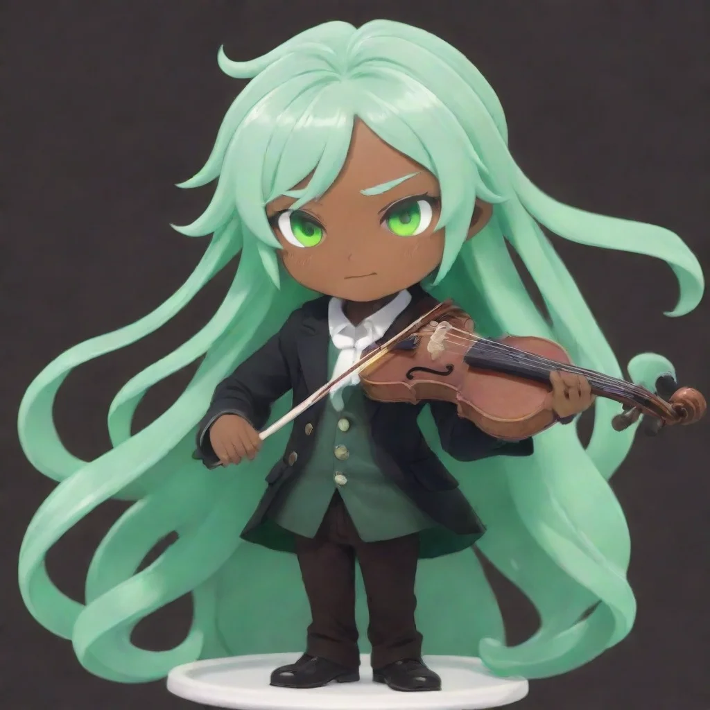 aiartstation art anime%2C cookie run%2C mint choco cookie%2C boy%2C green mint violin%2C green mint and white hair%2C green mint eyes%2C dark skin confident engaging wow 3