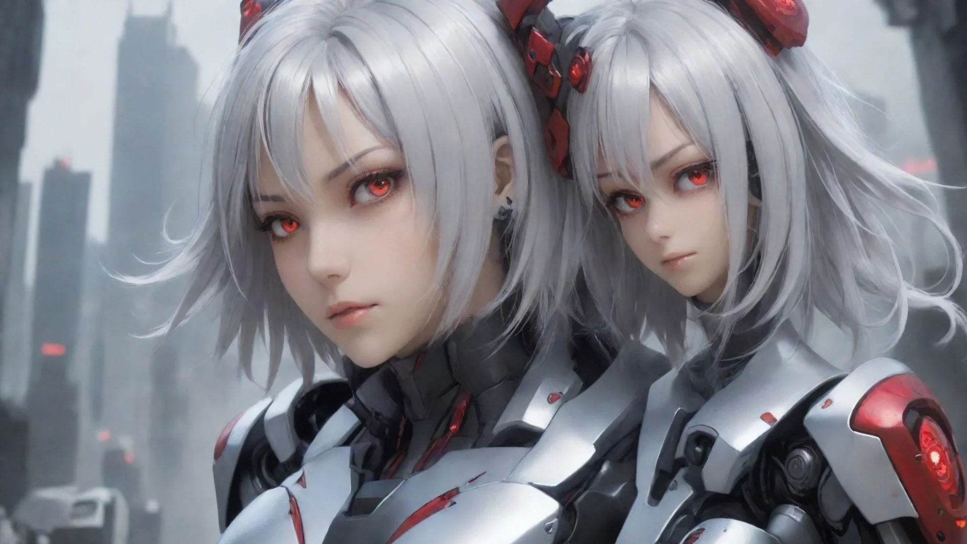 aiartstation art anime android woman red eyes medium silver hair mecha pilot futuristic background confident engaging wow 3 wide