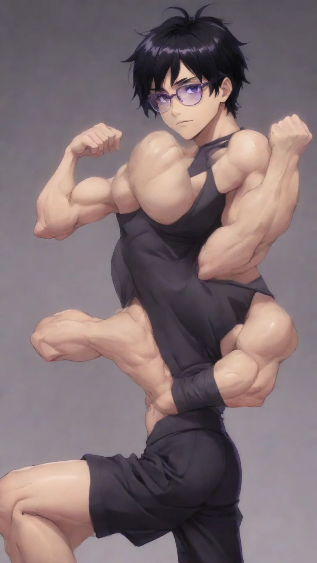 artstation art anime boy black hair glasses purple eyes athletic biceps confident engaging wow 3 tall