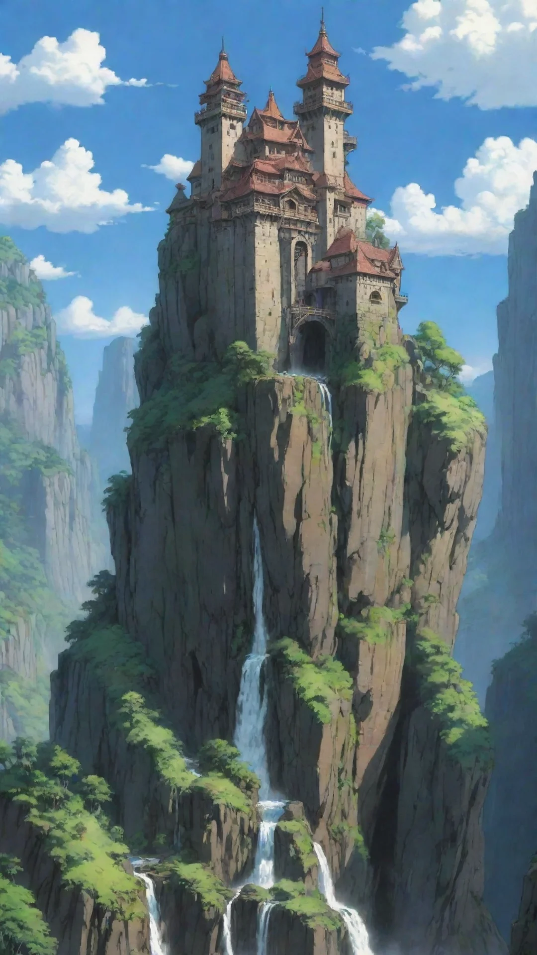 artstation art anime ghibli towering castle cliff overhang with waterfall hs detailed extreme confident engaging wow 3 tall