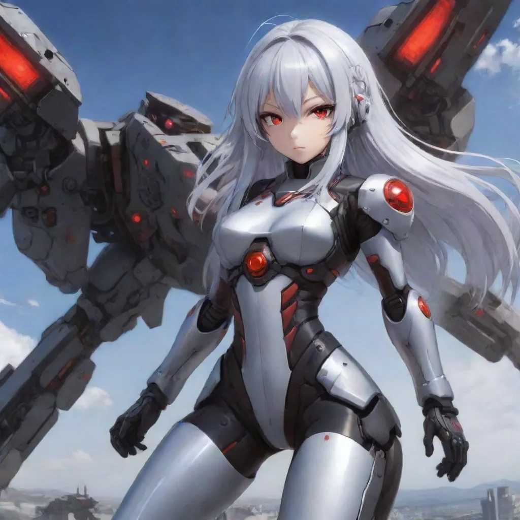 aiartstation art anime girl mecha pilot red eyes silver hair combat confident engaging wow 3