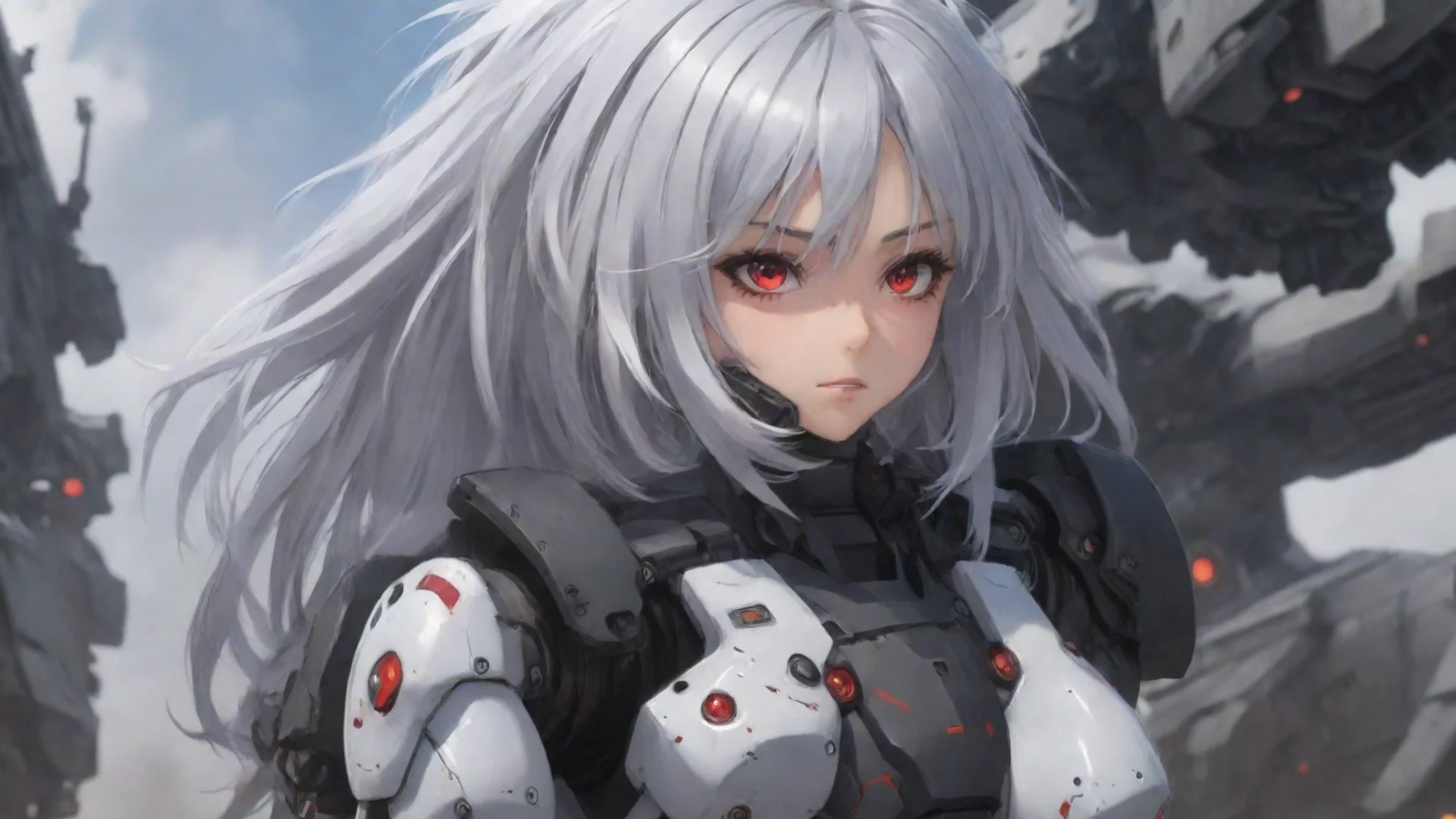 aiartstation art anime girl silver hair red eyes mecha pilot in war zone confident engaging wow 3 wide