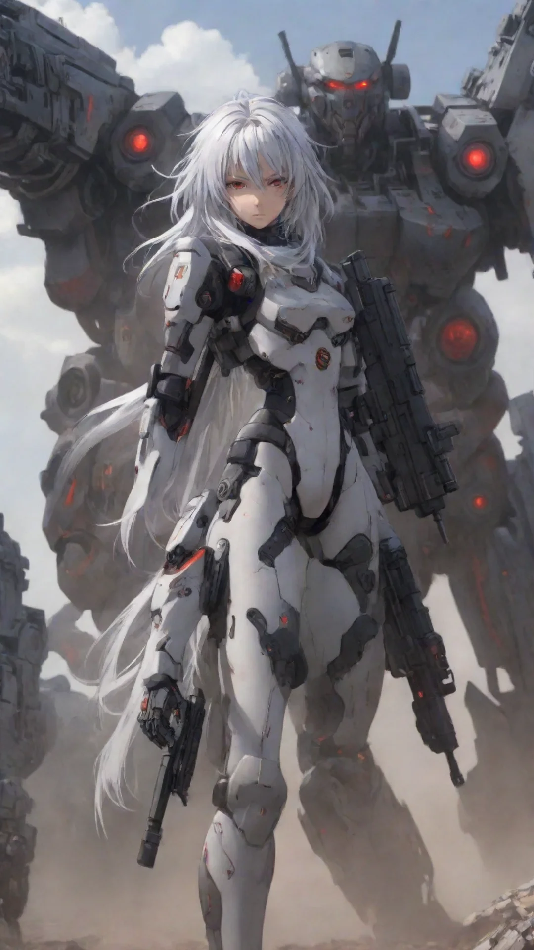 artstation art anime girl silver hair red eyes mecha pilot with carbine standing in war zone confident engaging wow 3 tall