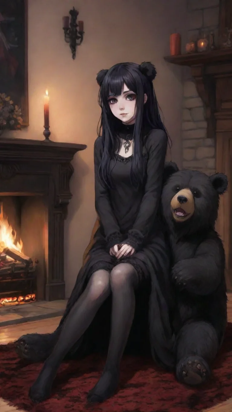 aiartstation art anime goth girl sitting in front of a fireplace with a bear skin rug  confident engaging wow 3 tall