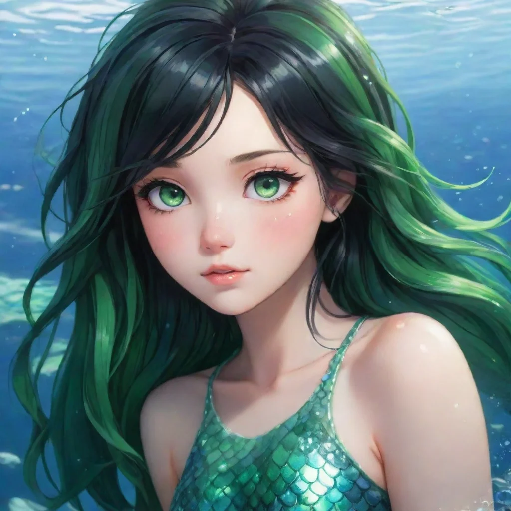 aiartstation art anime mermaid with black hair and green eyes confident engaging wow 3