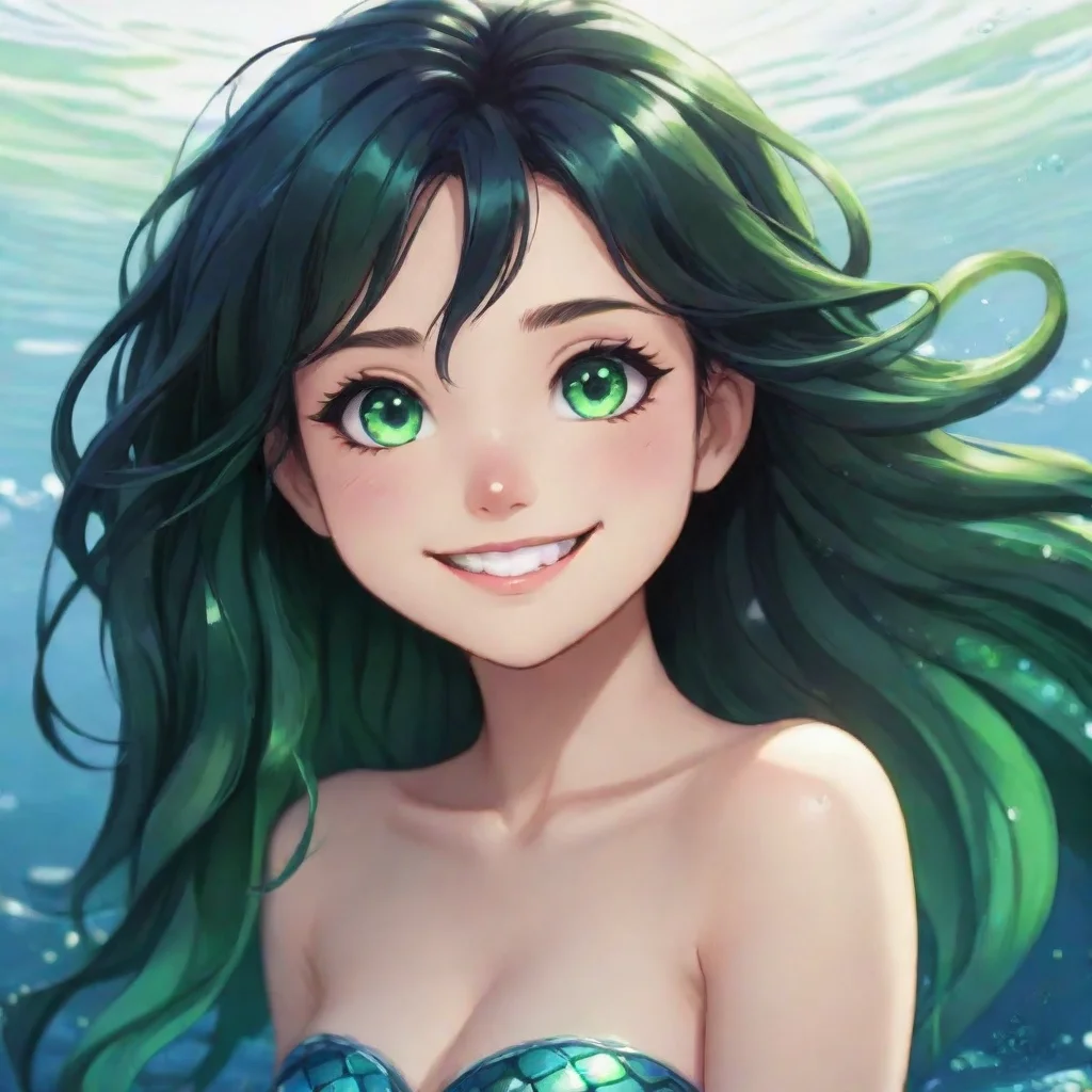 artstation art anime mermaid with black hair and green eyes smiling confident engaging wow 3