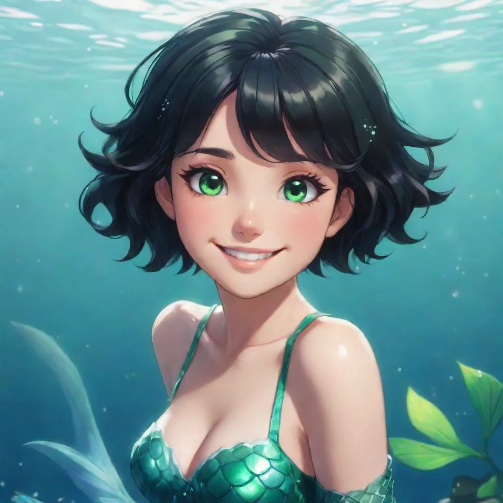 aiartstation art anime mermaid with short black hair and green eyes smiling confident engaging wow 3