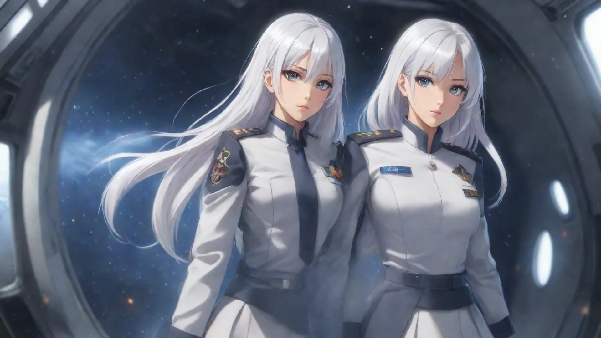 aiartstation art anime style%2C white hair female%2C military commander%2C science fiction%2C space ship%2C skirt uniform confident engaging wow 3 wide