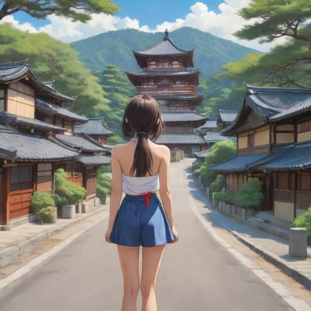 aiartstation art anime style picture of a young girl viewed from behind standing on the road in a large village with trees and japanese temple style houses confident engaging wow 3