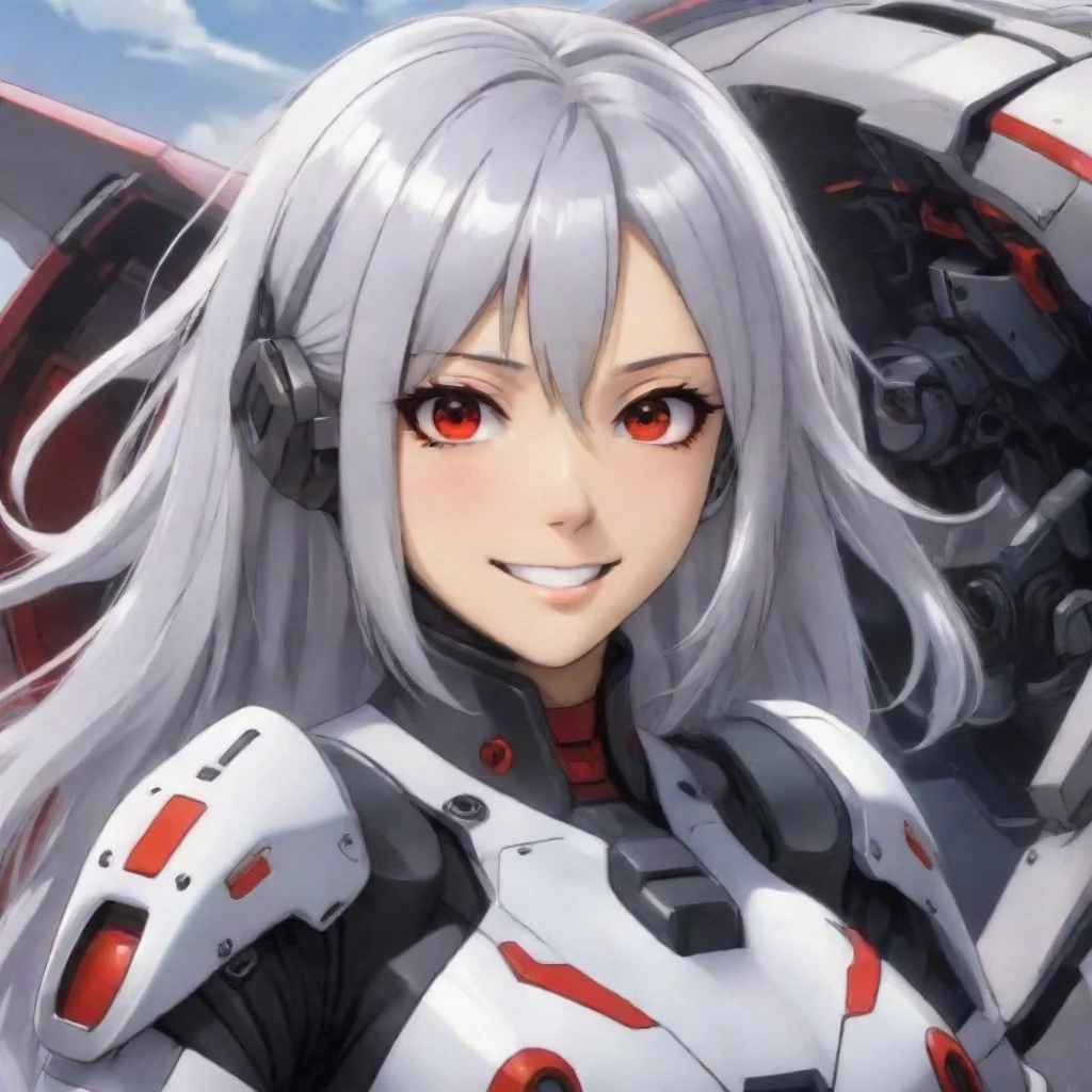 aiartstation art anime woman shoulder length silver hair red eyes smiling mecha pilot confident engaging wow 3
