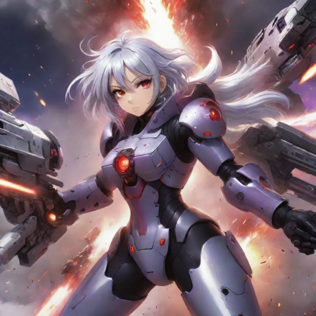aiartstation art armed mecha pilot girl%2C shorter silver hair%2C red purple eyes%2C anime space background%2C battlecruiser%2C explosions%2C fighting%2C lasers confident engaging wow 3