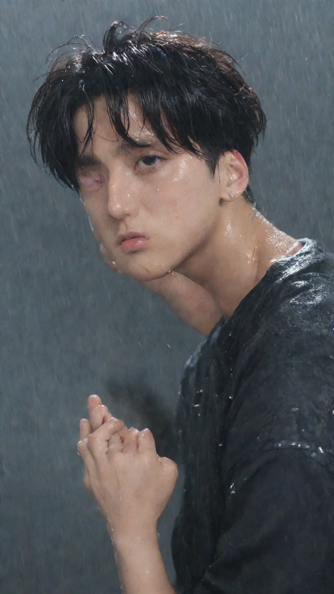 aiartstation art artist jungkook from bts cries in the heavy rain confident engaging wow 3 tall