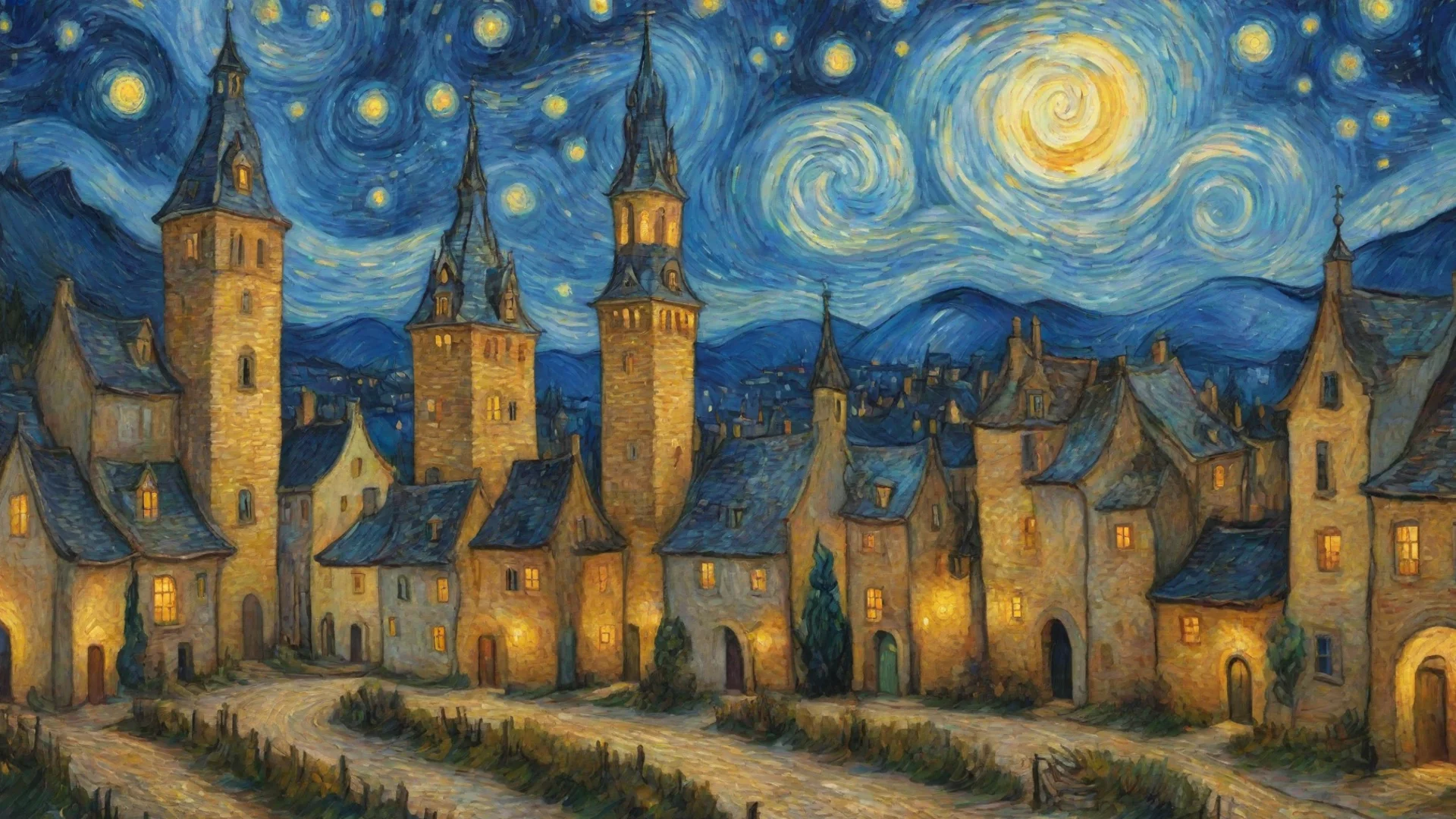 aiartstation art artistic van gogh village at night starry spiraling towers amazing hd aesthetic confident engaging wow 3 wide