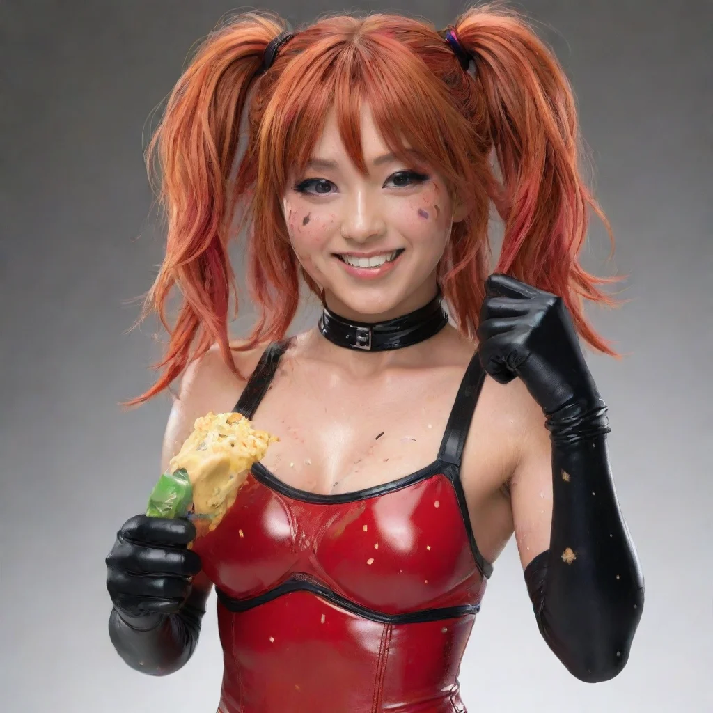 artstation art asuka wwe  smiling with black gloves and gun and mayonnaise splattered everywhere confident engaging wow 3