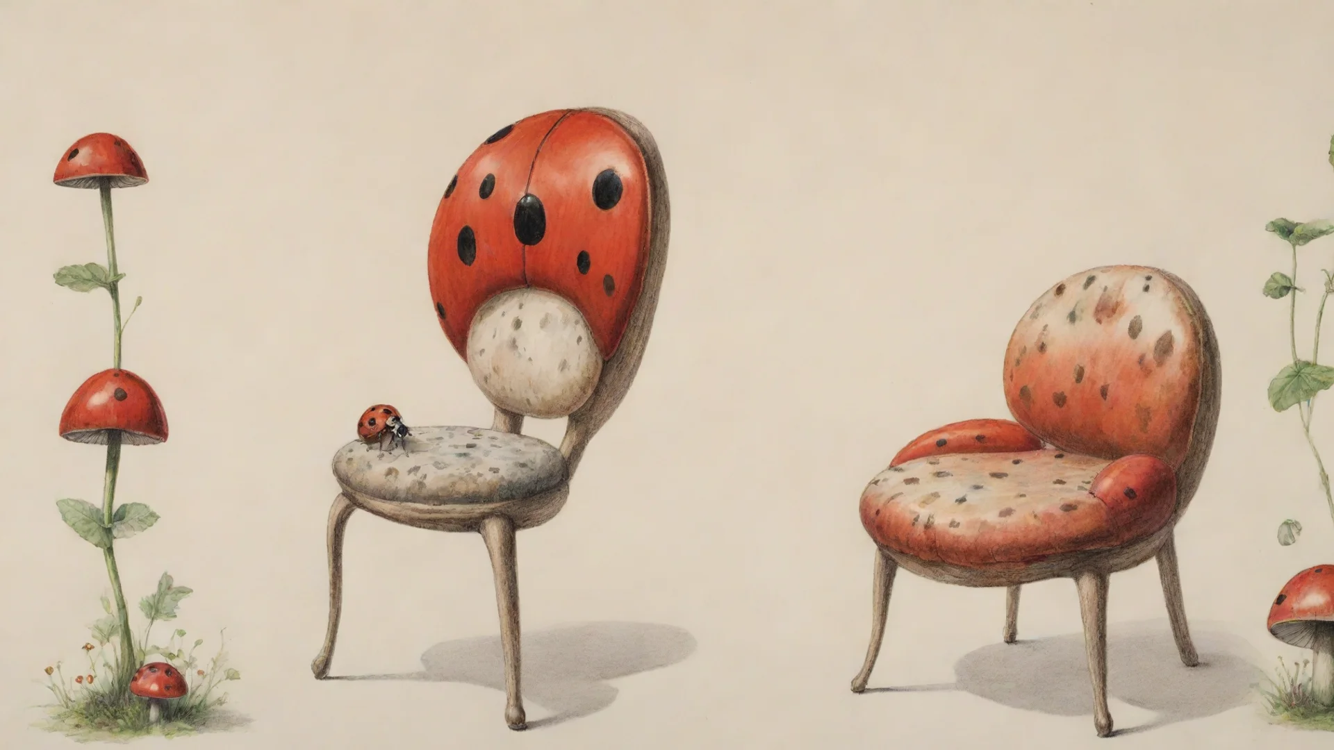 aiartstation art avant garde chair. novel chair%2C detailed drawing%2C colored drawing of chair%2C inspired with the lady bug and mushroom confident engaging wow 3 wide
