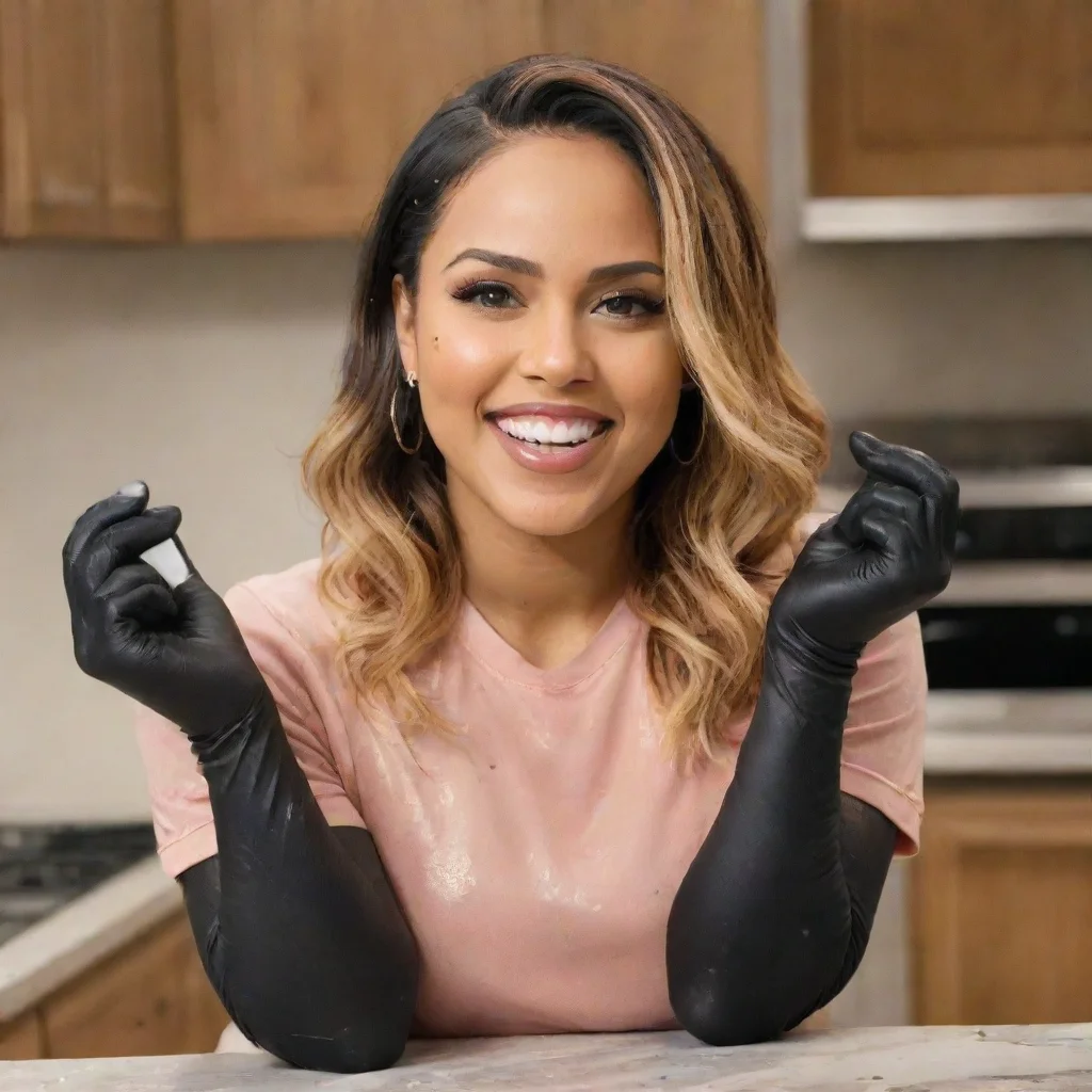 artstation art ayesha curry smiling  with black nitrile gloves and gun  and  mayonnaise splattered everywhere confident engaging wow 3