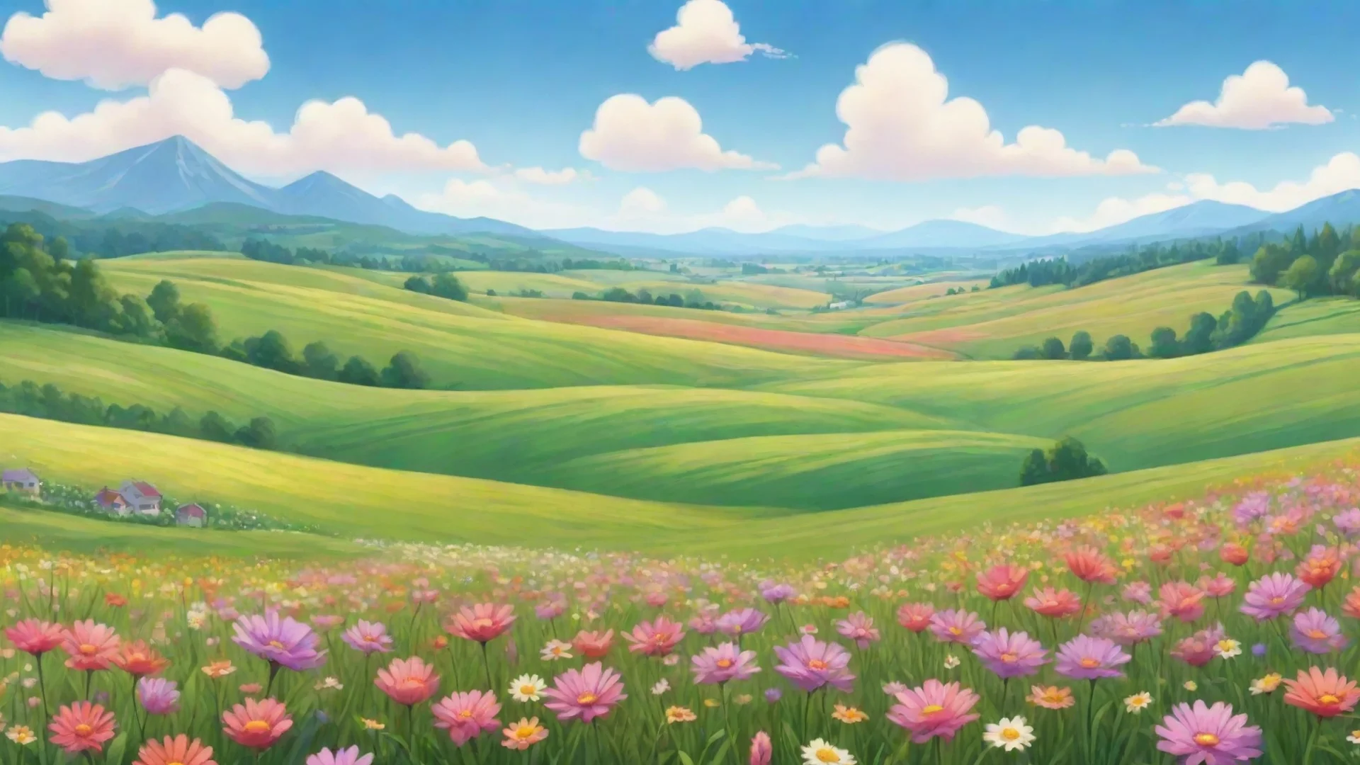 aiartstation art background sweeping landscape fields of flowers peaceful relaxing cartoon realisism hd confident engaging wow 3 wide