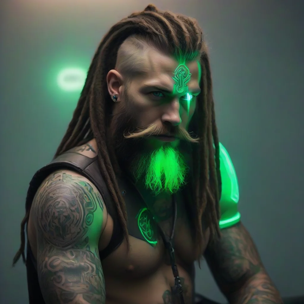 artstation art bearded dreadlocks cyberpunk neon viking green glow tattooed odin franzika axe confident engaging wow 3