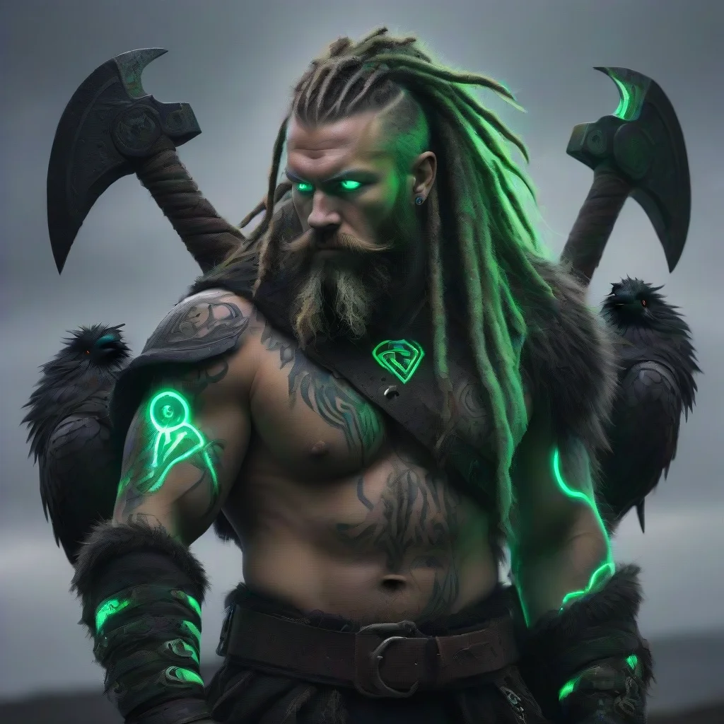 aiartstation art bearded dreadlocks cyberpunk neon viking sixpack green glowing tattooed odin raven hugin munin double axe dark wild thunder storm ragnar%C3%B6k confident engaging wow 3