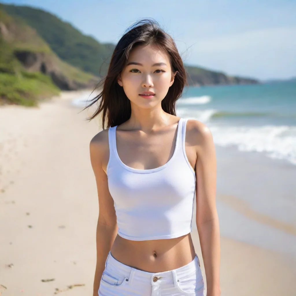 aiartstation art beautiful%2C young asian woman walking on the beach on a sunny day facing the camera%2C wearing a white crop top confident engaging wow 3