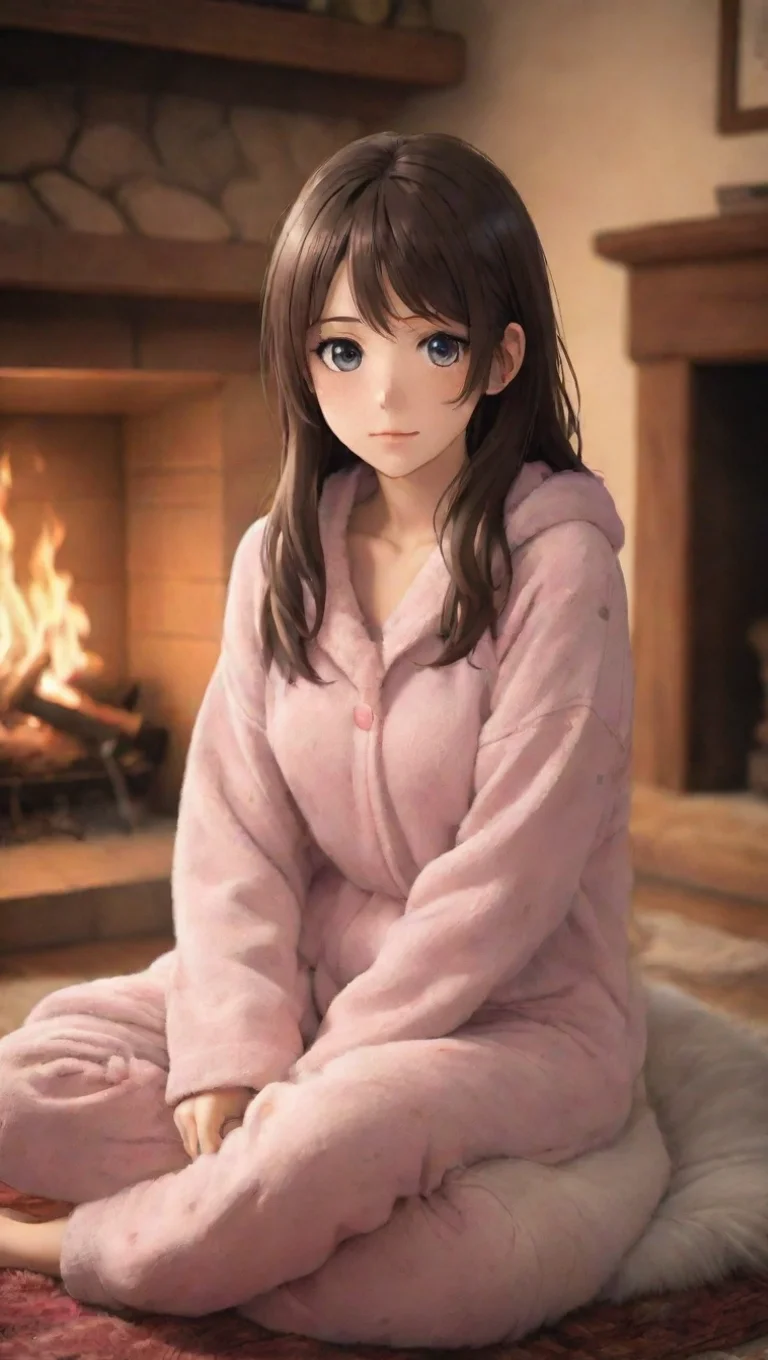 aiartstation art beautiful anime girl sitting in front of a fireplace with a bear skin rug and pajamas to keep warm confident engaging wow 3 tall