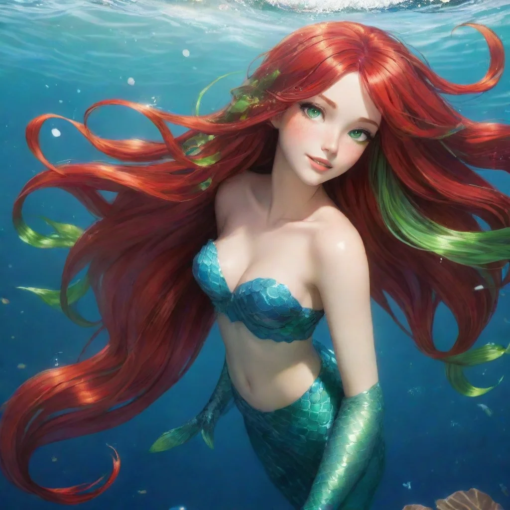 aiartstation art beautiful anime mermaid long%2C flowing red hair and vibrant green eyes happy confident engaging wow 3