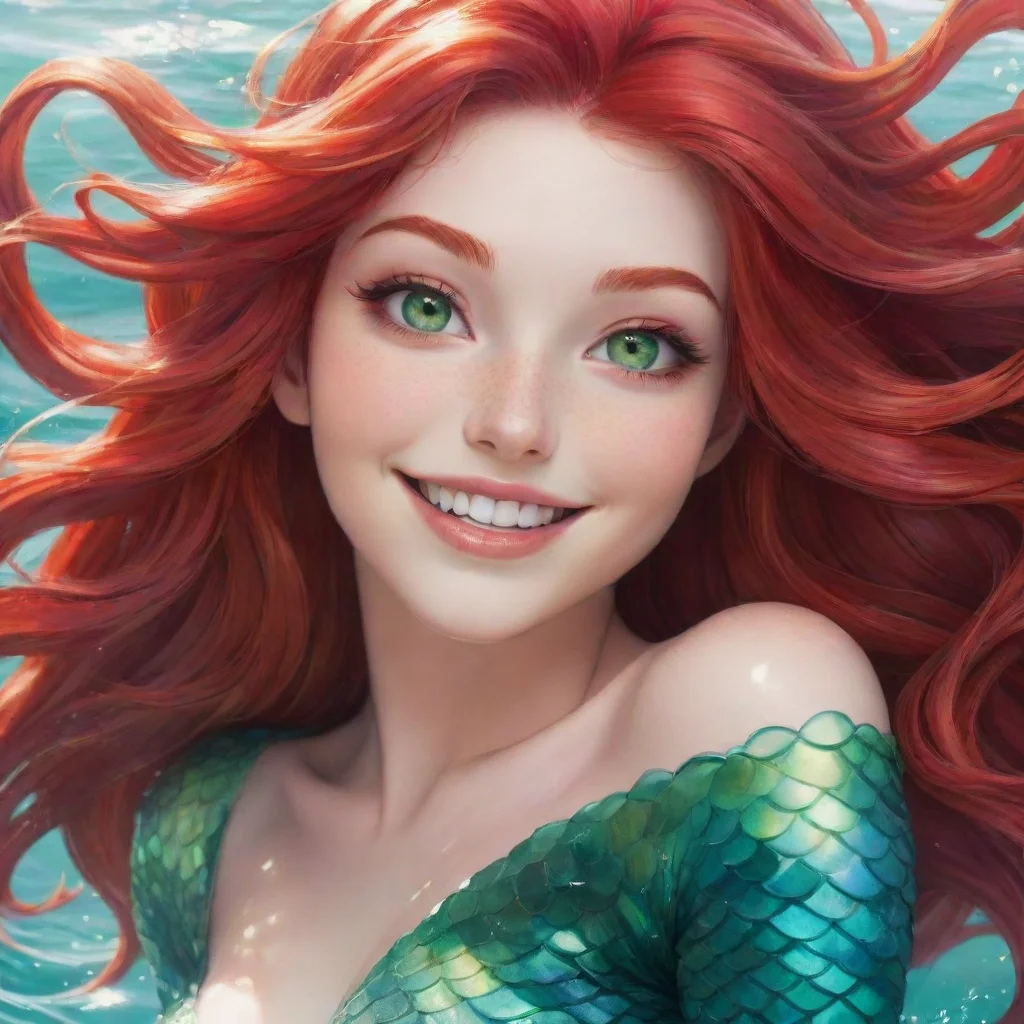 aiartstation art beautiful anime mermaid long%2C flowing red hair and vibrant green eyes smiling.  confident engaging wow 3