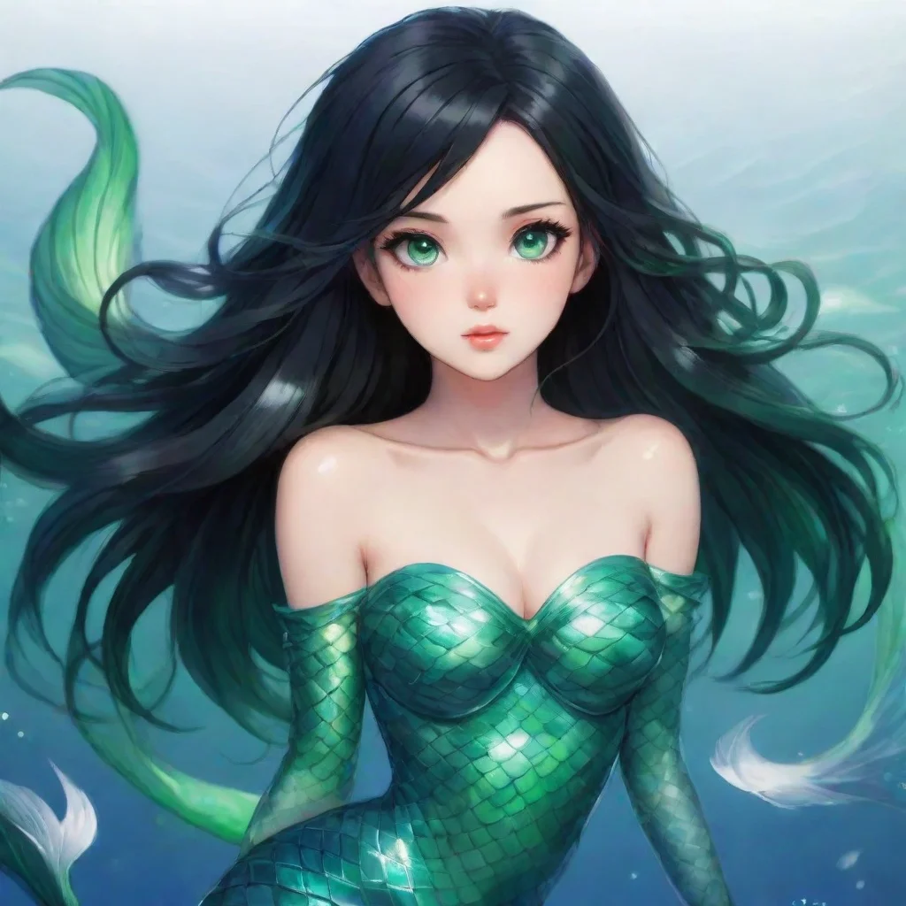 aiartstation art beautiful anime mermaid with black hair and and green eyes confident engaging wow 3
