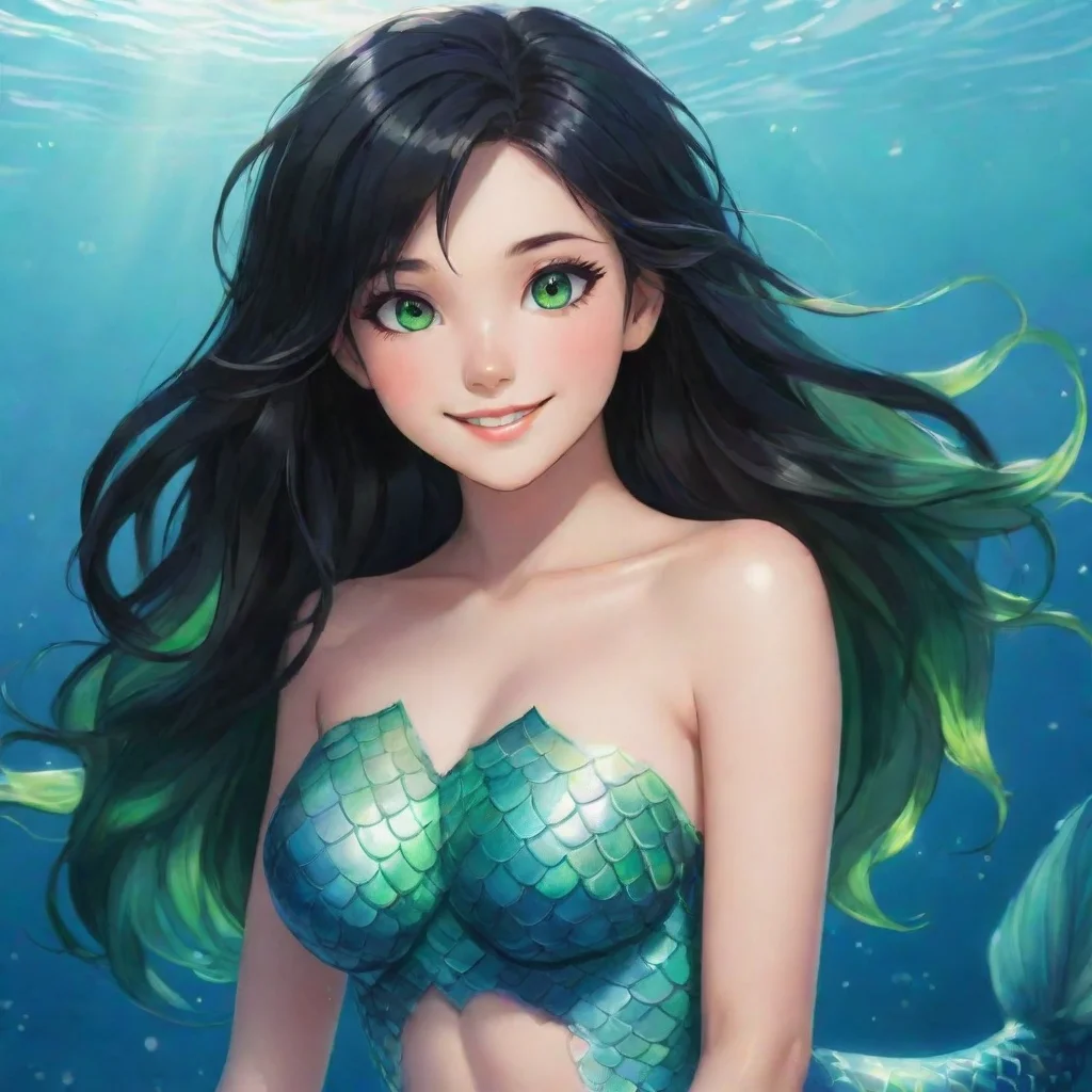 aiartstation art beautiful anime mermaid with black hair and and green eyes smiling confident engaging wow 3