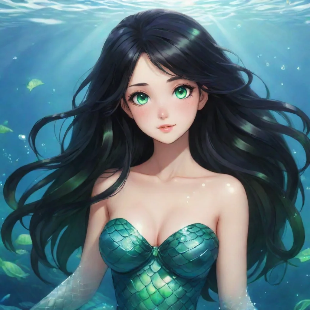 aiartstation art beautiful anime mermaid with black hair and green eyes happy confident engaging wow 3