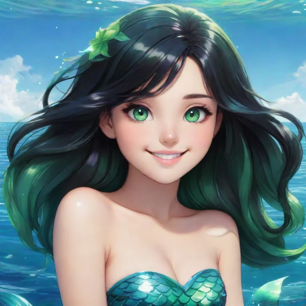 aiartstation art beautiful anime mermaid with black hair and green eyes smiling confident engaging wow 3