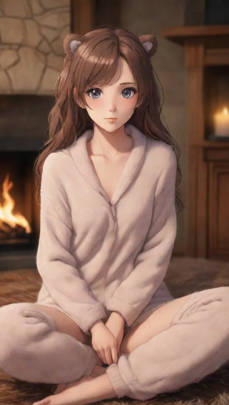 aiartstation art beautiful anime woman sitting in front of a fireplace with a bear skin rug and pajamas to keep warm confident engaging wow 3 tall