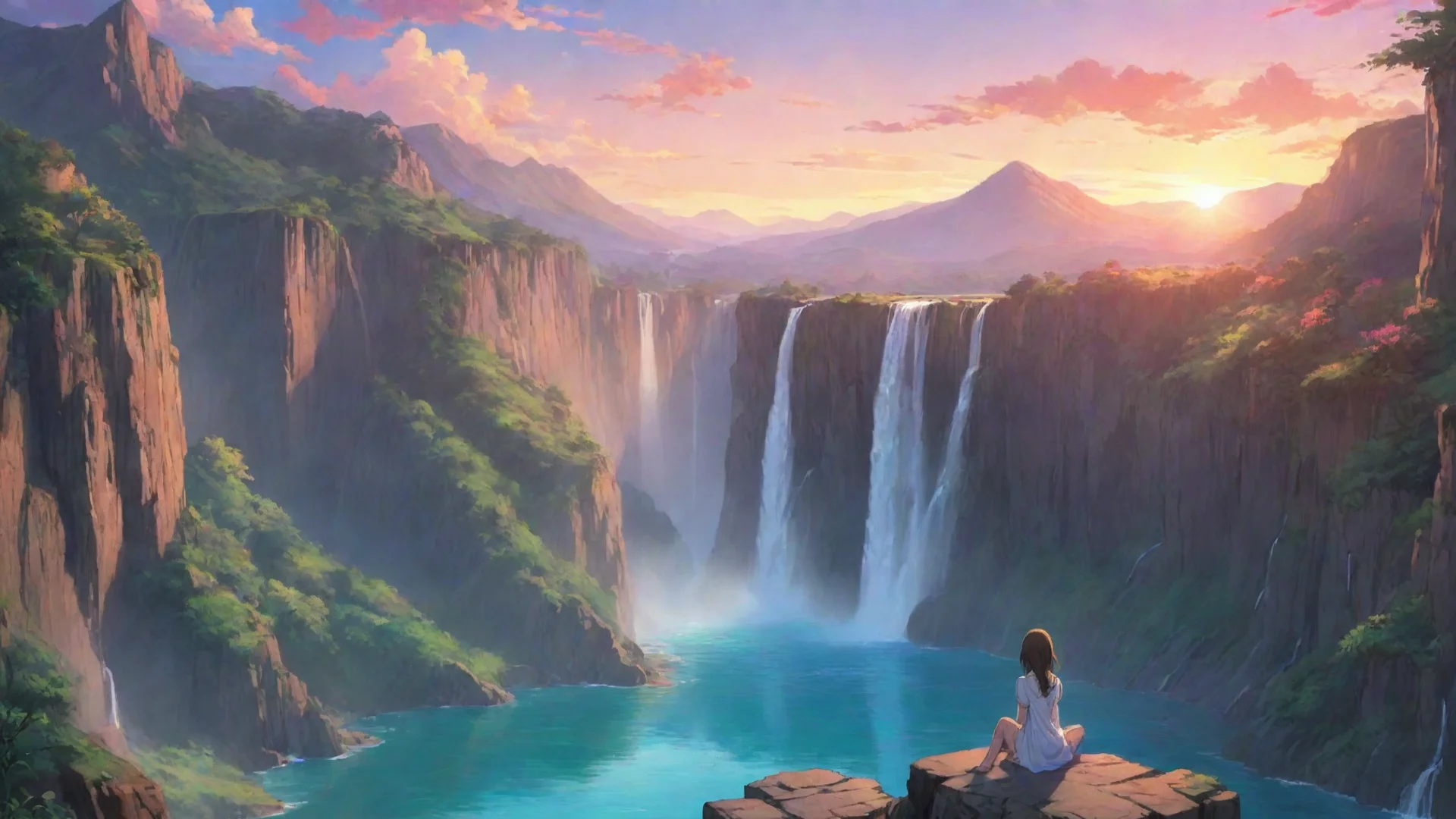 aiartstation art beautiful chill anime scene girl sitting relaxing looking over at beautiful landscape water lake cliffs waterfalls extremely colorful sunset confident engaging wow 3 wide