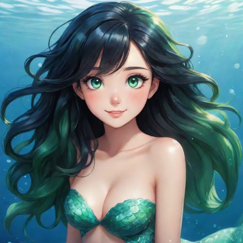 aiartstation art beautiful happy anime mermaid with black hair and and green eyes confident engaging wow 3