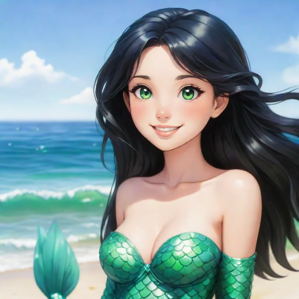 aiartstation art beautiful smiliing anime mermaid with black hair and green eyes on the beach confident engaging wow 3