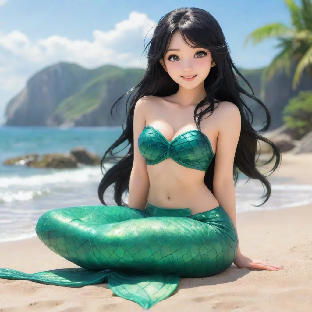 aiartstation art beautiful smiling anime mermaid with black hair and green sitting on the beach confident engaging wow 3