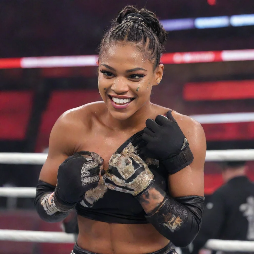 artstation art bianca belair  at wrestlemania 37 smiling with black deluxe gloves and gun and mayonnaise splattered everywhere confident engaging wow 3