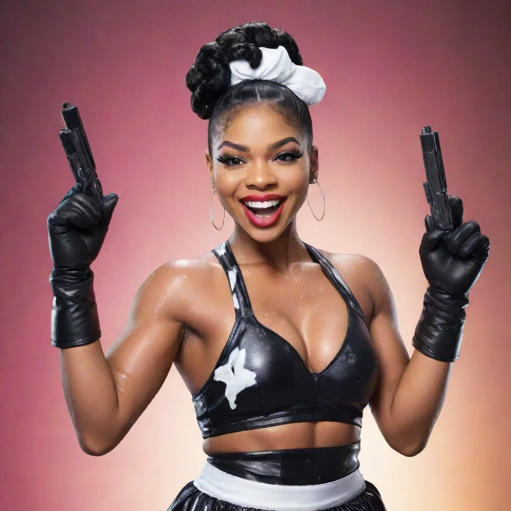 artstation art bianca belair smiling with black deluxe gloves and gun and mayonnaise splattered everywhere confident engaging wow 3