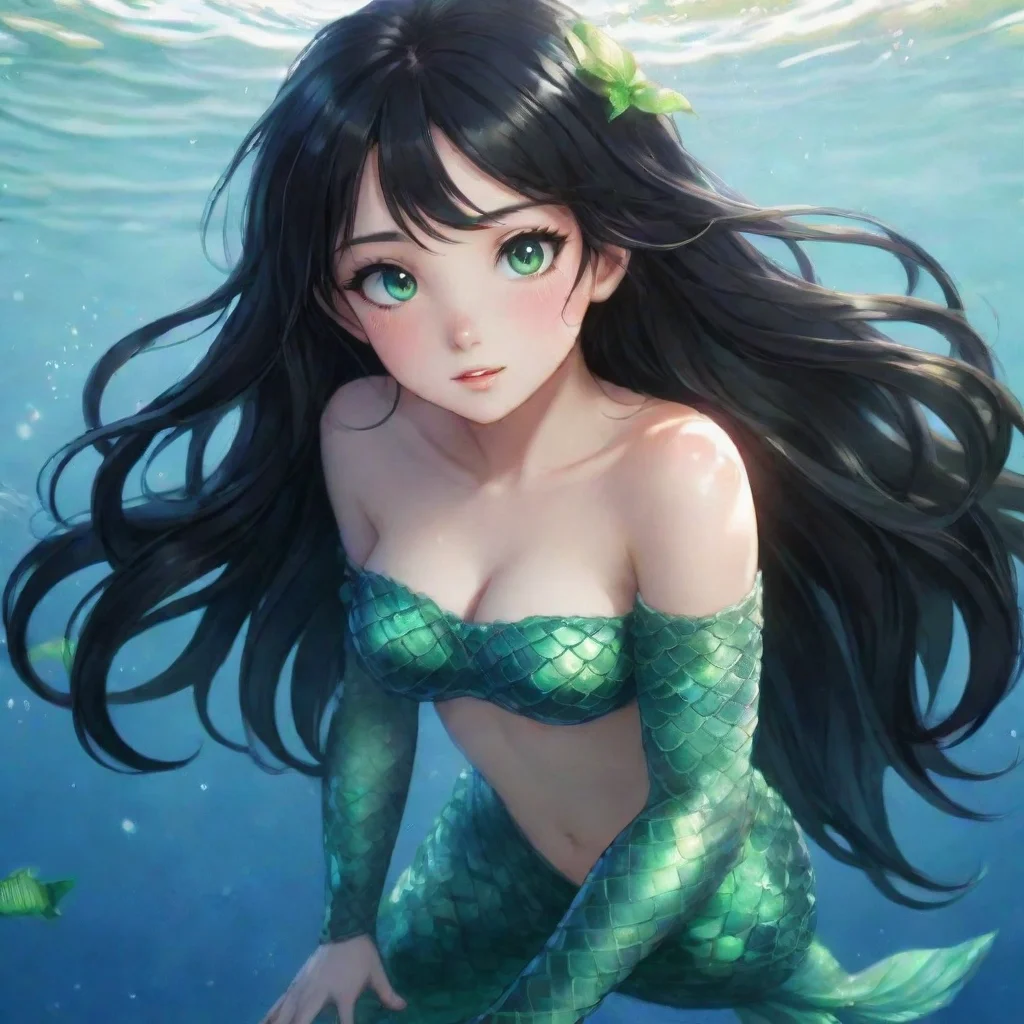 aiartstation art black haired anime mermaid with green eyes happy confident engaging wow 3