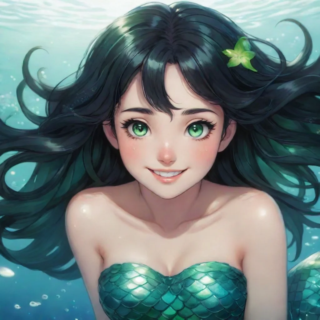 aiartstation art black haired anime mermaid with green eyes smiling confident engaging wow 3