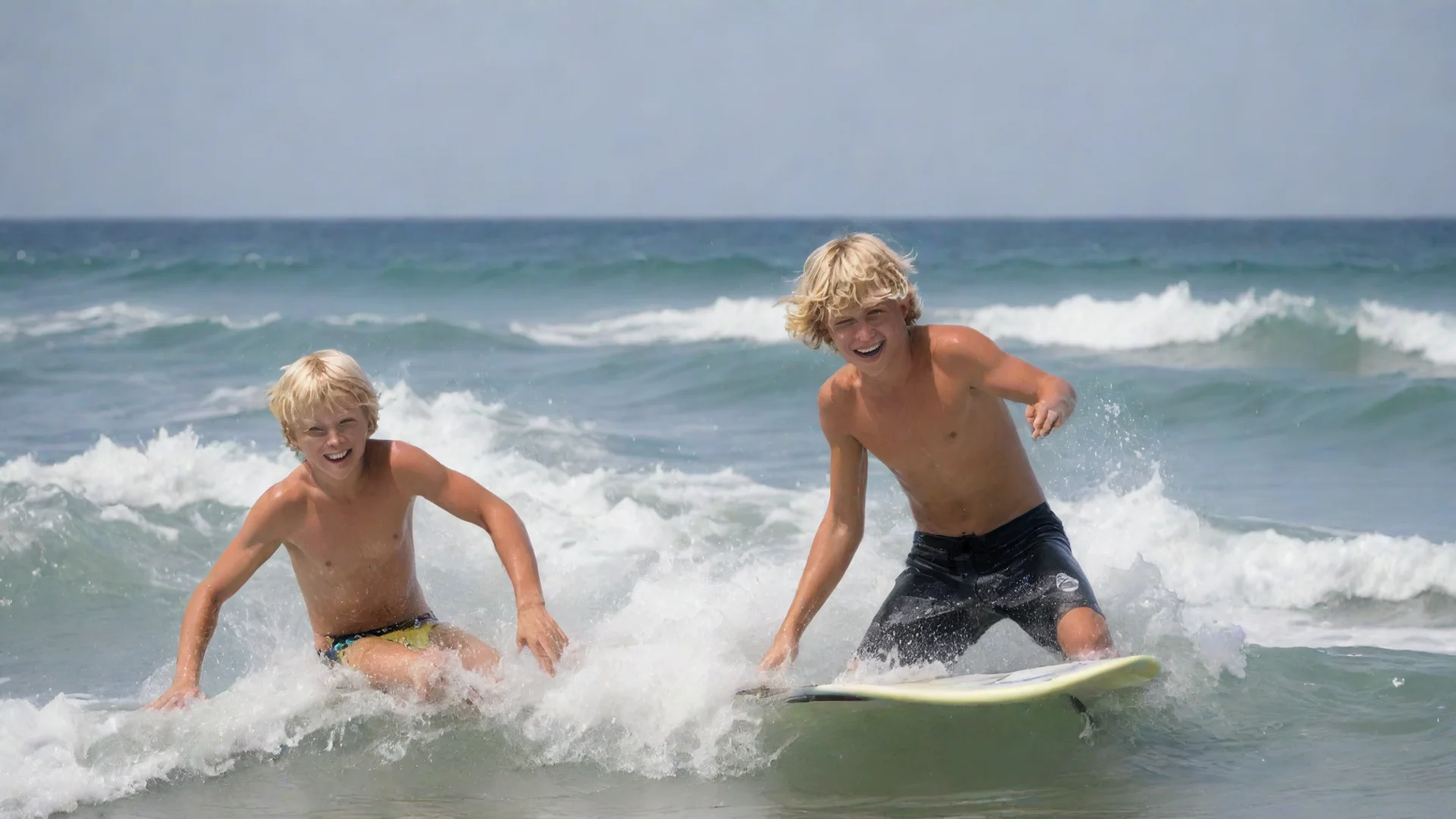 aiartstation art blond surfer boys playing in the waves confident engaging wow 3 wide