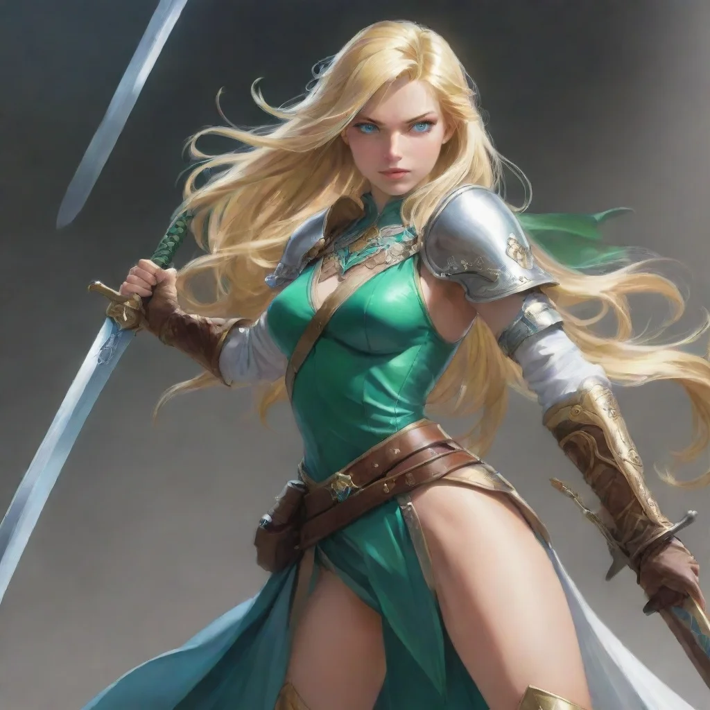 artstation art blonde swordswoman green blue eyes big sword confident engaging wow 3